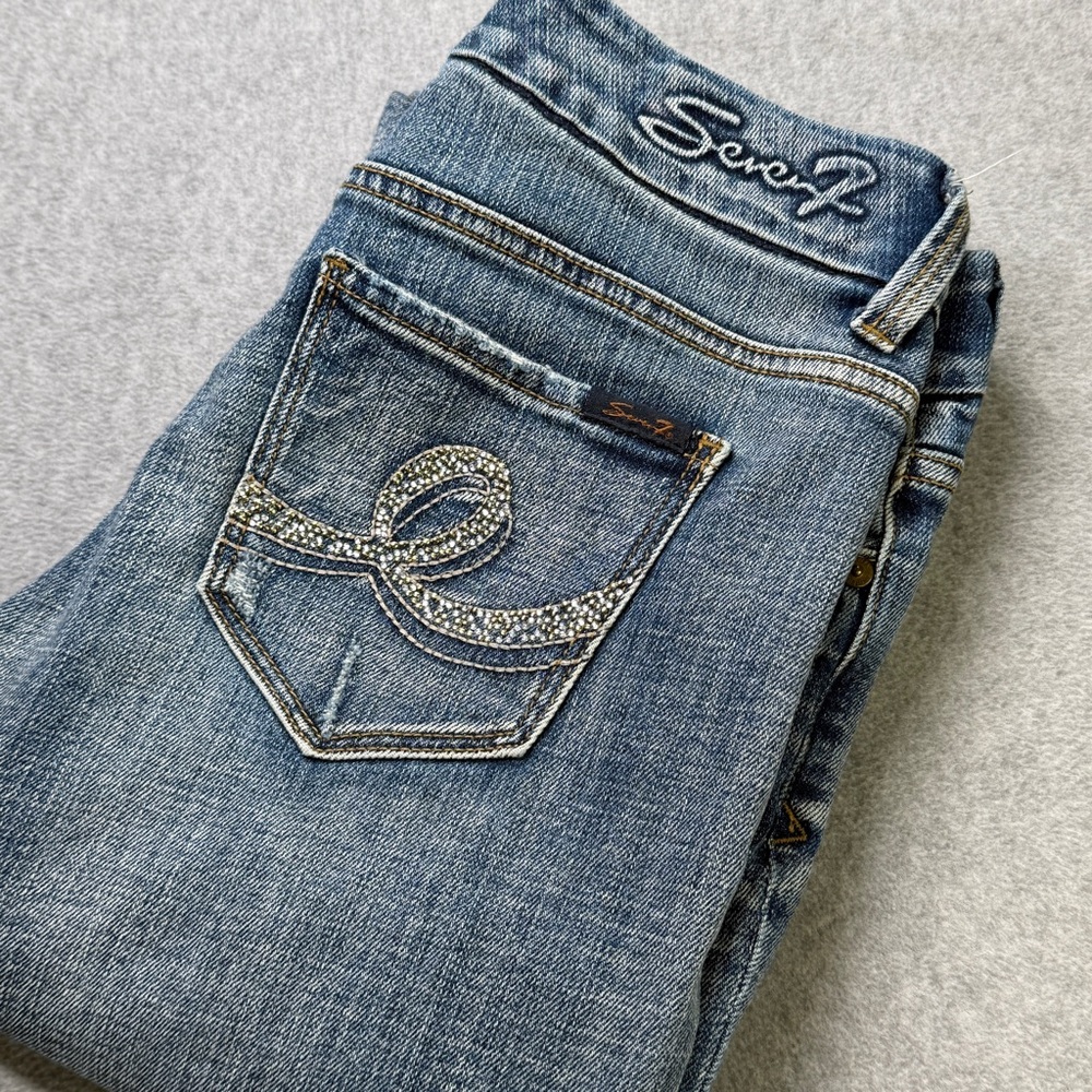 Seven7 Women’s Bootcut Jeans Size 4 Blue Stretch Distressed Classic Mid Rise Y2K